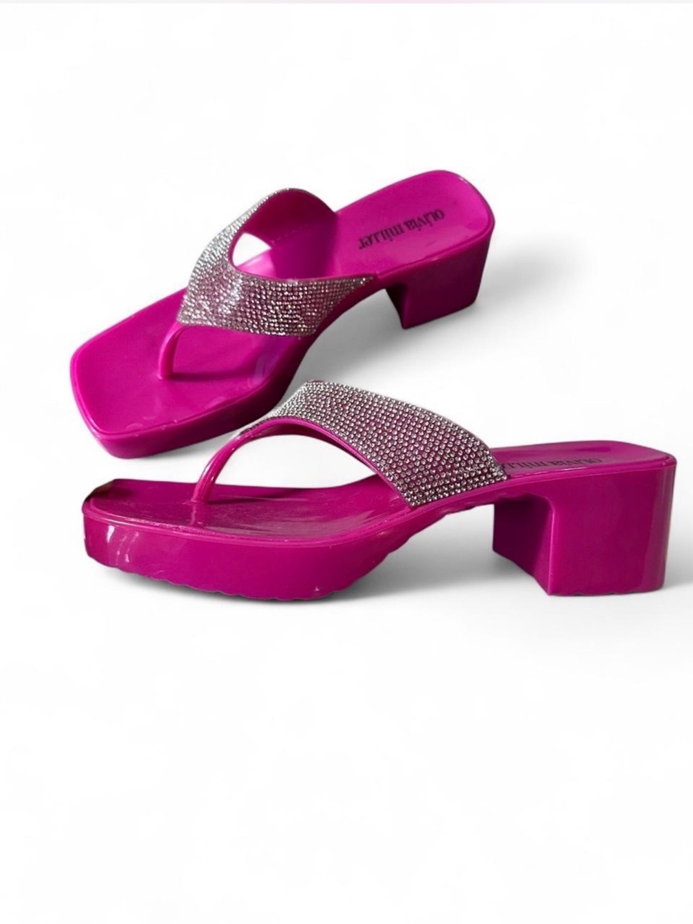 Y2K Style Mcbling Olivia Miller Pink Fuchsia Rhinestone Block Heel Sandals